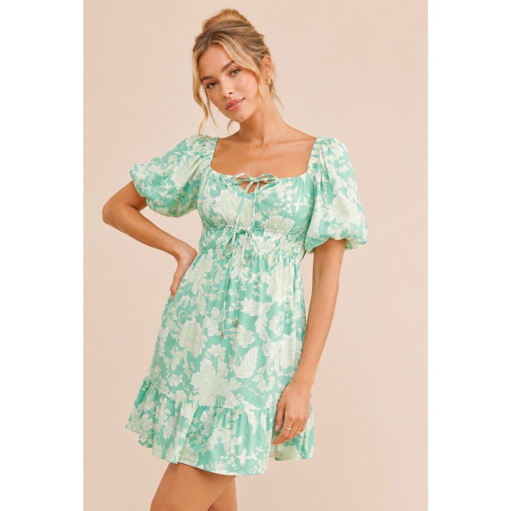 MinkPink Felicia Green Floral Mini Dress Puff Sleeve Cottagecore Size M Coquette